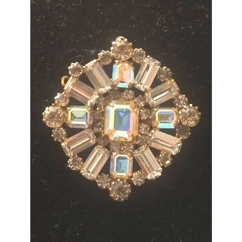 Vintage White Iridescent Rhinestone Gold Tone Pin